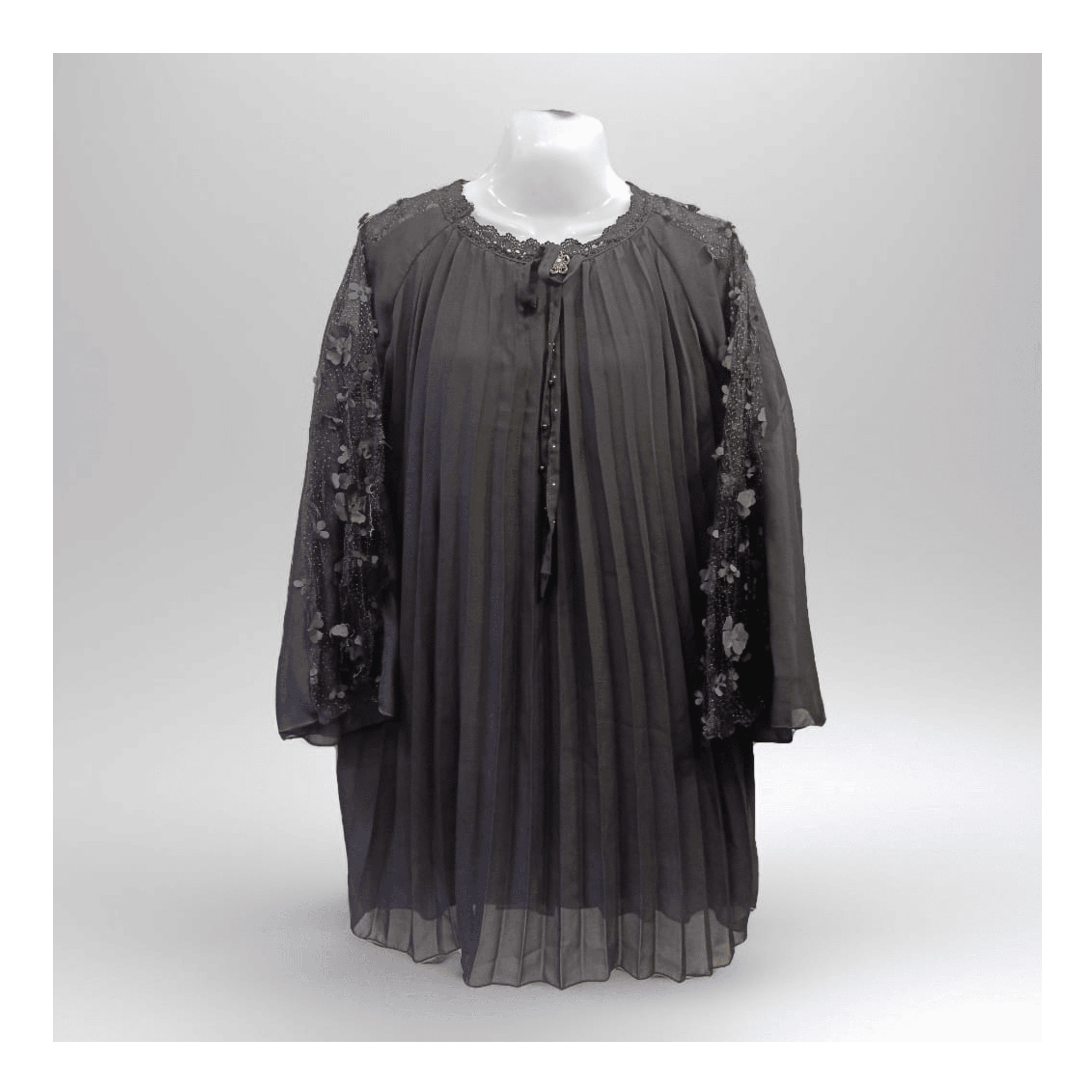 Elegant Black Pleated Chiffon Top with Embellished Sleeves:Pakistani dresses
