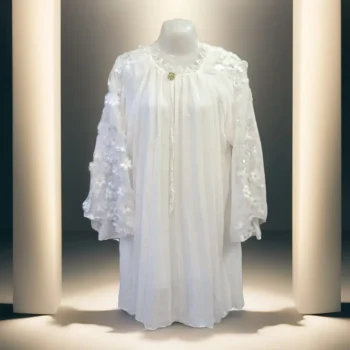 White Chiffon Top with 3D Floral Embellished Sleeves