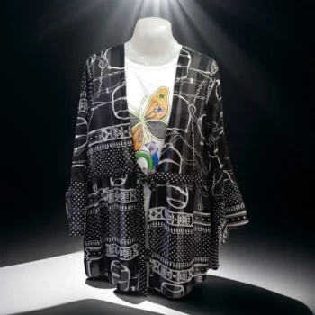 Black Printed Layered Jacket with Butterfly Tee Combo