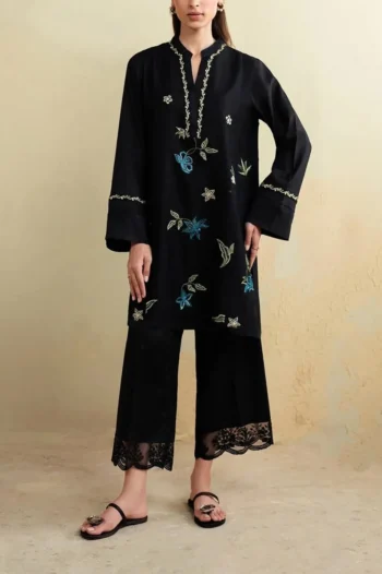 Black Embroidered Kurta :2 Piece Set