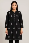Black Cotton Top with White Traditional Motif Embroidery