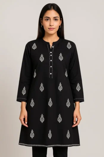 Black Cotton Top with White Traditional Motif Embroidery