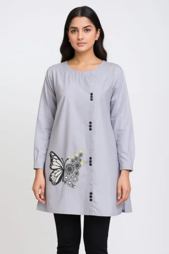 Grey Top with Butterfly and Floral Embroidery Detail