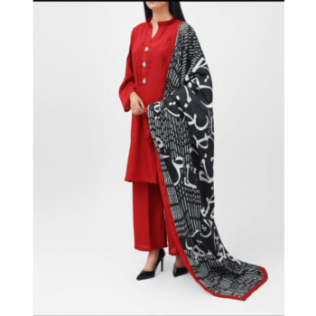 Elegant Maroon 3-Piece Suit with Black & White Calligraphy Dupatta