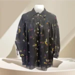 Black Sheer Floral Button-Down Shirt for Women: Pakistani top