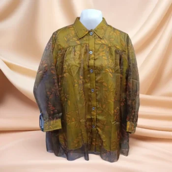 Olive Green Print Button-Down Shirt:Pakistani top