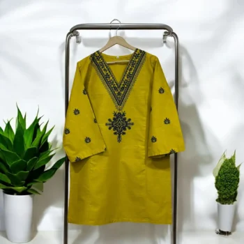 Elegant Mustard Top with Navy Blue Embroidery:Pakistani Top