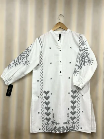 White Cotton Top with Black Cross-Stitch Embroidery :Pakistani top