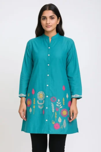 Teal Blue Top with Vibrant Floral Embroidery and Button-Down Front